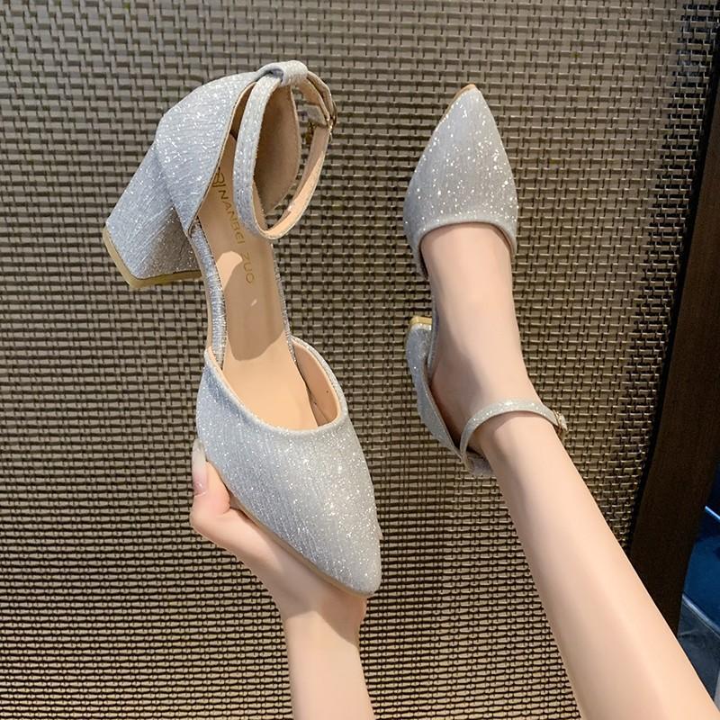 French Bag Head Sandals Women's New Middle Heel Pointed Single Shoes Women's One-word Buckle Thick Heel High Heel Women's Sandals