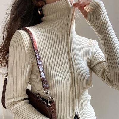 Spring French Vintage Zipper Knit Base Sweater Women with White Style Long Sleeves To Wear a Knitted Cardigan Top