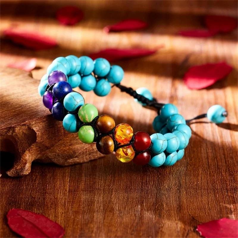 Double Layer 7 Chakra Bracelets For Women Men Indian Yoga Bracelet Chakra Pray Lava Stone Beads Bangles Bracelet Healing Jewelry