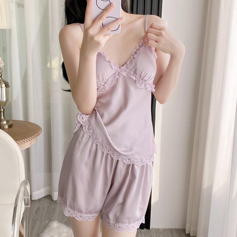 2025 Sexy Damen-Eisseiden-Pyjamaset: Einfarbiges Camisole & Shorts für den Sommer