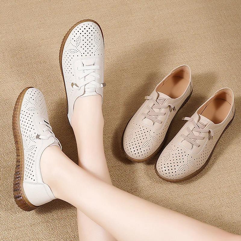 Outdoor Women Jogging Casual Shoes Cow Leather Soft Sole Slip-on Flat Loafers Ladies Sneakers Breathable Walking Trainers Summer