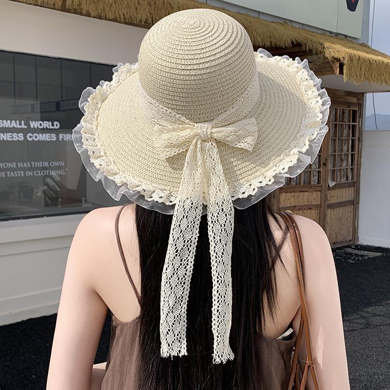 Summer Bow Sun Hat Female, Seaside Beach Vacation Sun Hat Outdoor Big Brim Sun Hat Sweet Straw Hat