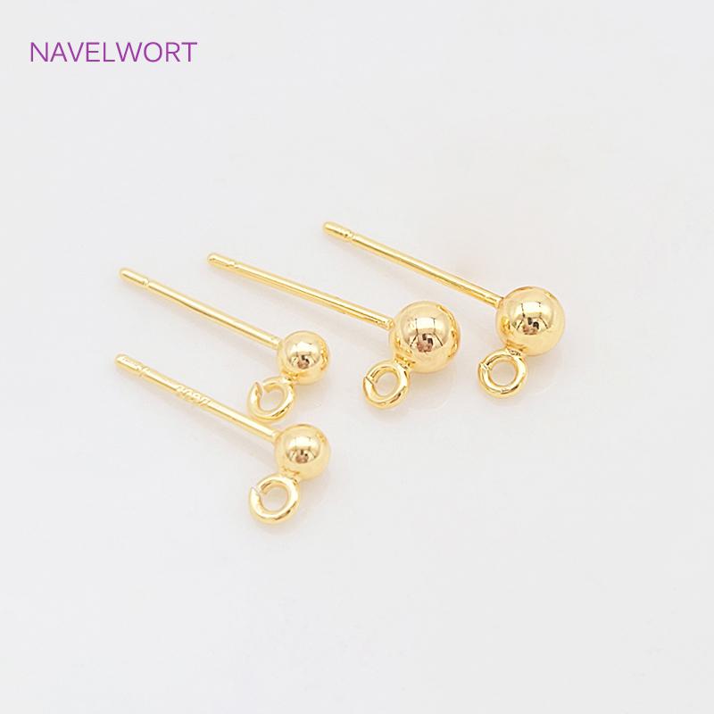 S925 Sterling Silver Pin Findings 14K Gold Plated Ball Shape Stud Earring Base For DIY Jewelry Making Accessories Wholesale