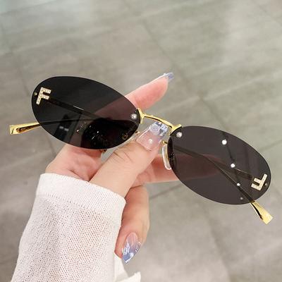 Mode Randloze Zonnebril Dames UV400 Ovaal Elegant Diamant F Zonnebrillen Retro Brillen voor Dames