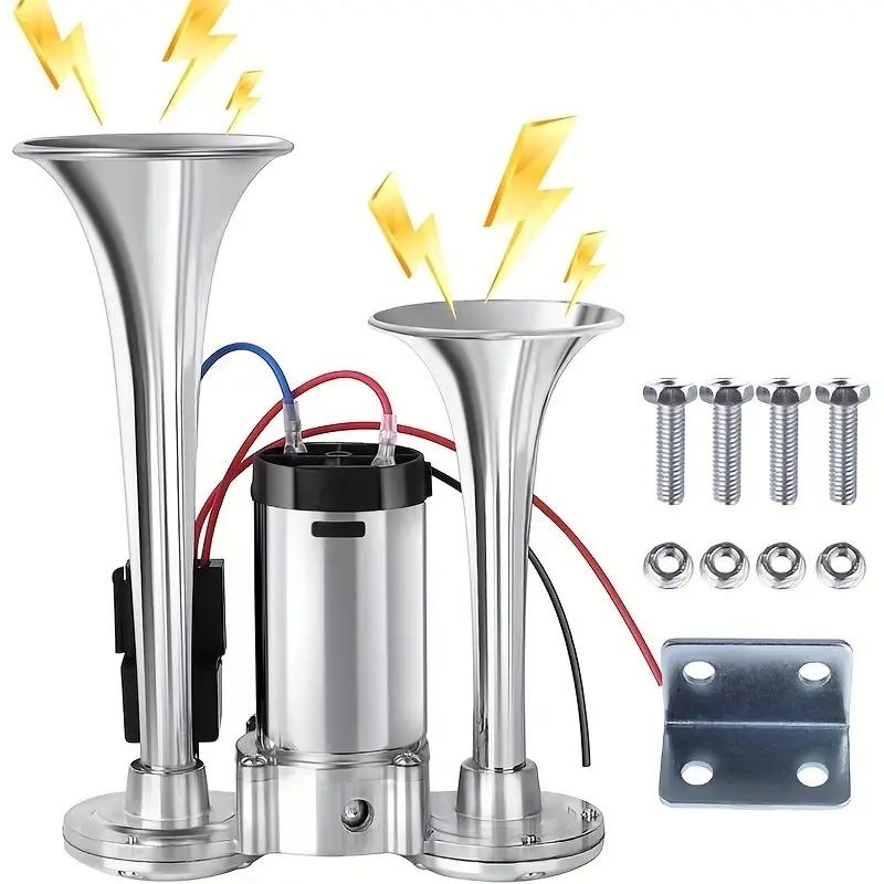 12V Horns, Chrome Zinc Single Trumpet Truck Air Horn with Compressor for Any 12V Vehicles Trucks Lorrys Trains Boats Cars