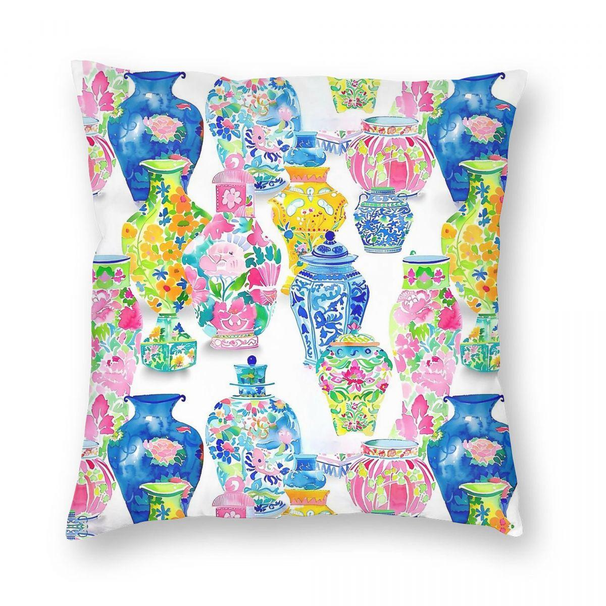 

Colors Chinoiserie Jars Pillowcase Polyester Linen Velvet Pattern Zip Decorative Home Cushion Case 30cmx30cm