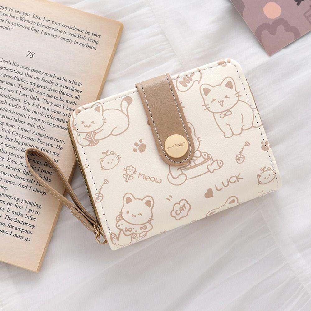 Cute Cat Coin Purse Women Short Wallet PU Leather Large Capacity Wallet Lightweight ID Card Holder Travel Cash Coin Bag