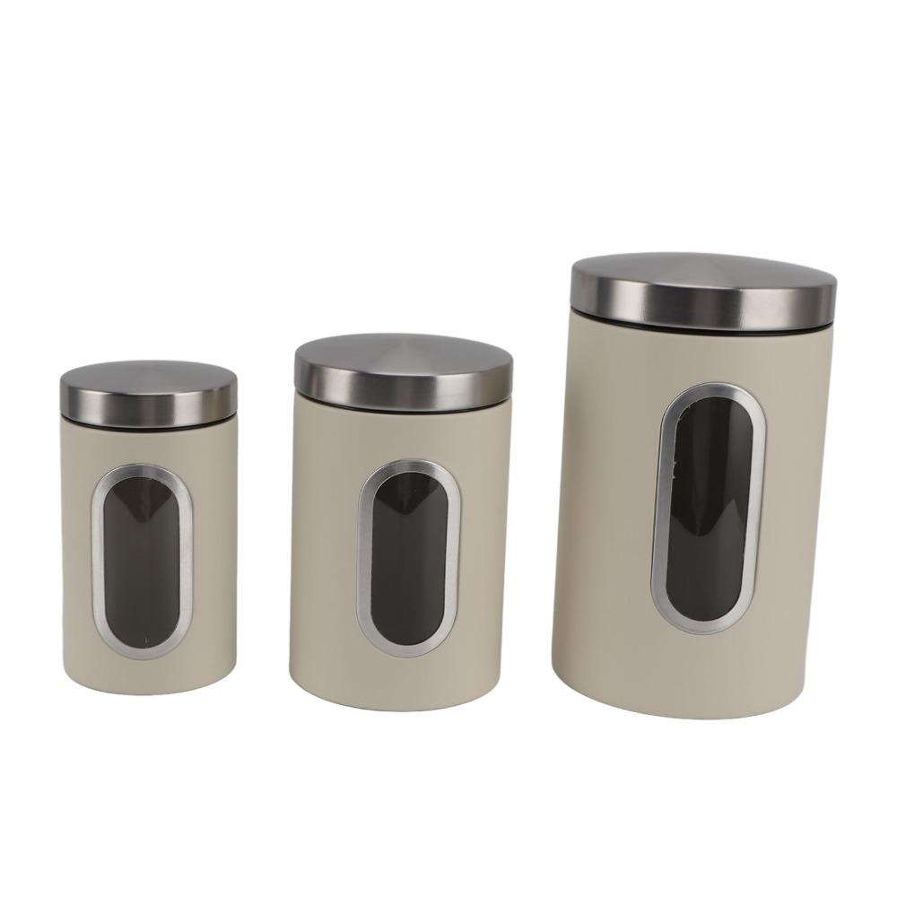 3-delige IJzeren Koffiebus Set Beige/Zwart Voedselbewaarblikken Luchtdichte Container Set Gebruik in Huiskeuken
