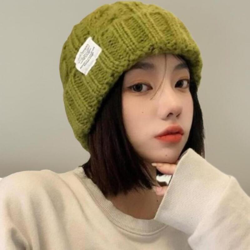 Chapéu Gorro de Lã com Patch de Etiqueta de Inverno para Mulheres