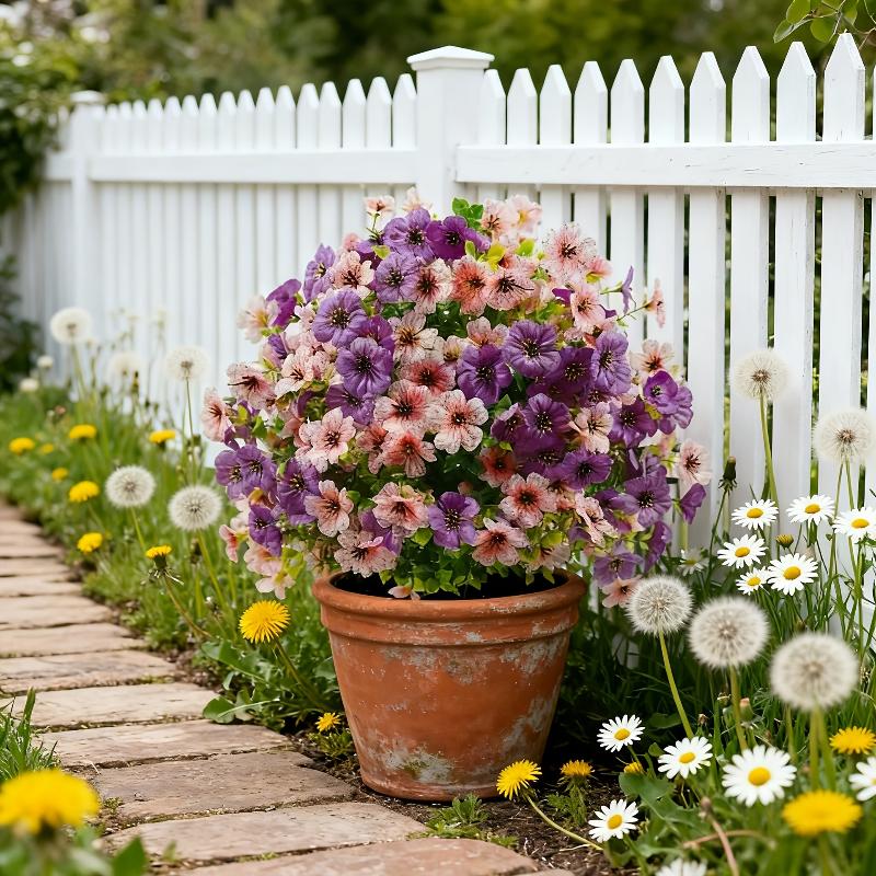 Artificial Violet Flower Stake Realistic Vibrant Color Fake Flower Bush for Garden Yard Patio Balcony Outdoor Decoration