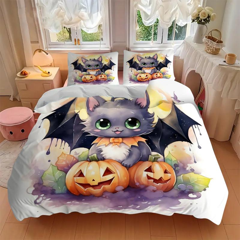 3pcs Lovely Halloween Bat Bedding Set - 1 Soft Quilt Cover + 2 Pillowcases, Machine Washable - Suitable for All Seasons, Perfect Gift for Family