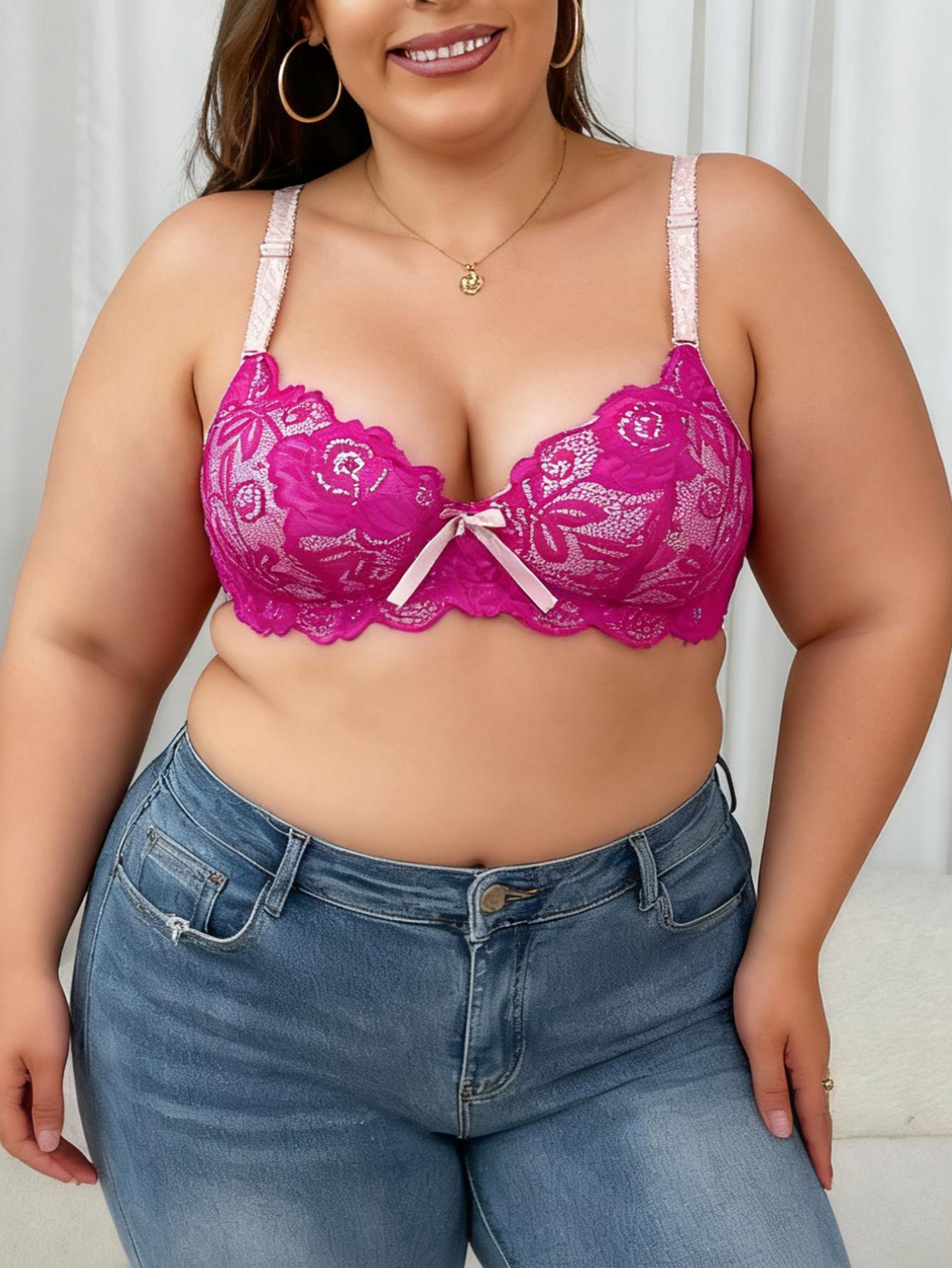 

Plus Size Thin Cup High-quality Lace Splicing Color-blocked Women s Bra C D Cup Plus Size Deep V Comfortable Ladies Underwear 105D рожевий