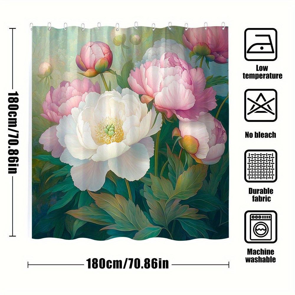 1pc Romantic Peonies Bath Curtain - Lush Garden Design with Pink & White Blooms, Green Foliage On Dreamy Blue-Green Background,