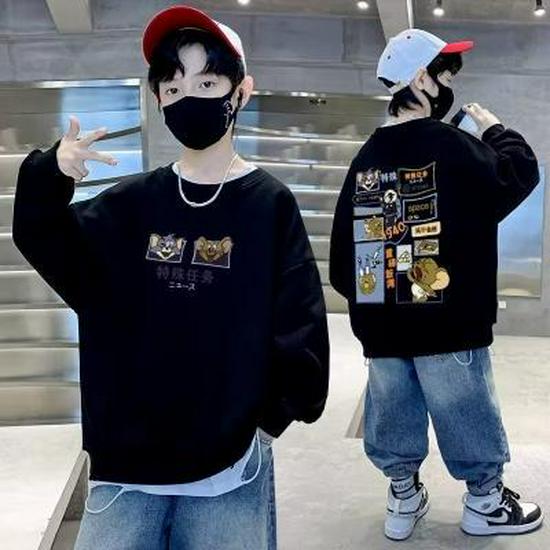 

Свитшот с рисунком для мальчиков - модный свитер с круглым вырезом 2023 года на весну и осень 140 cm чёрный