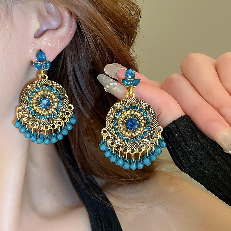 Vintage Bohemian Rhinestone & Faux Pearl Tassel Earrings