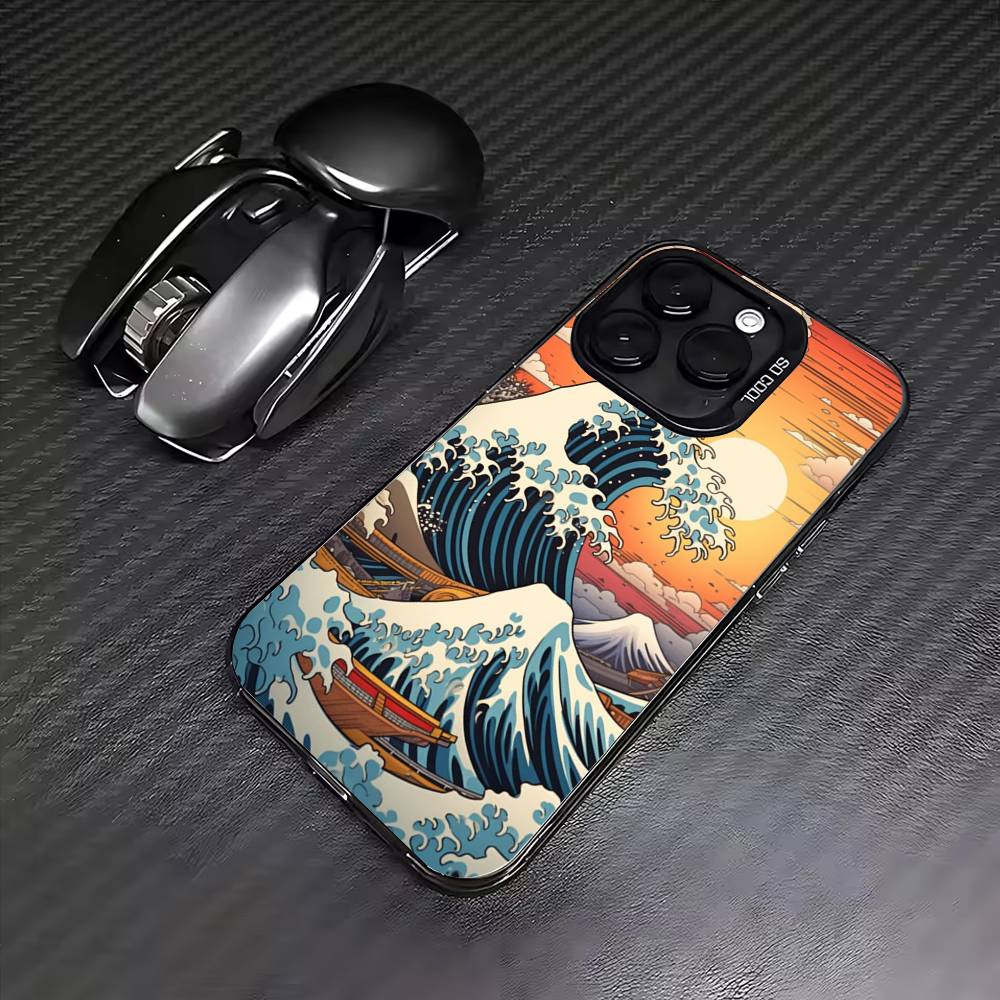 Japanese Ukiyo-e Ocean Waves Phone Case For iPhone17,16,15,14,13,12,11 Plus,Pro Max Colored Silver Plated Inside Cover