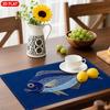 4/6, 2D Flat Fish Pattern Embroidery Pattern Style Placemat, Blue Linen Table Mat, Modern Art, Suitable for Kitchen Dining Table Decoration, Holiday D