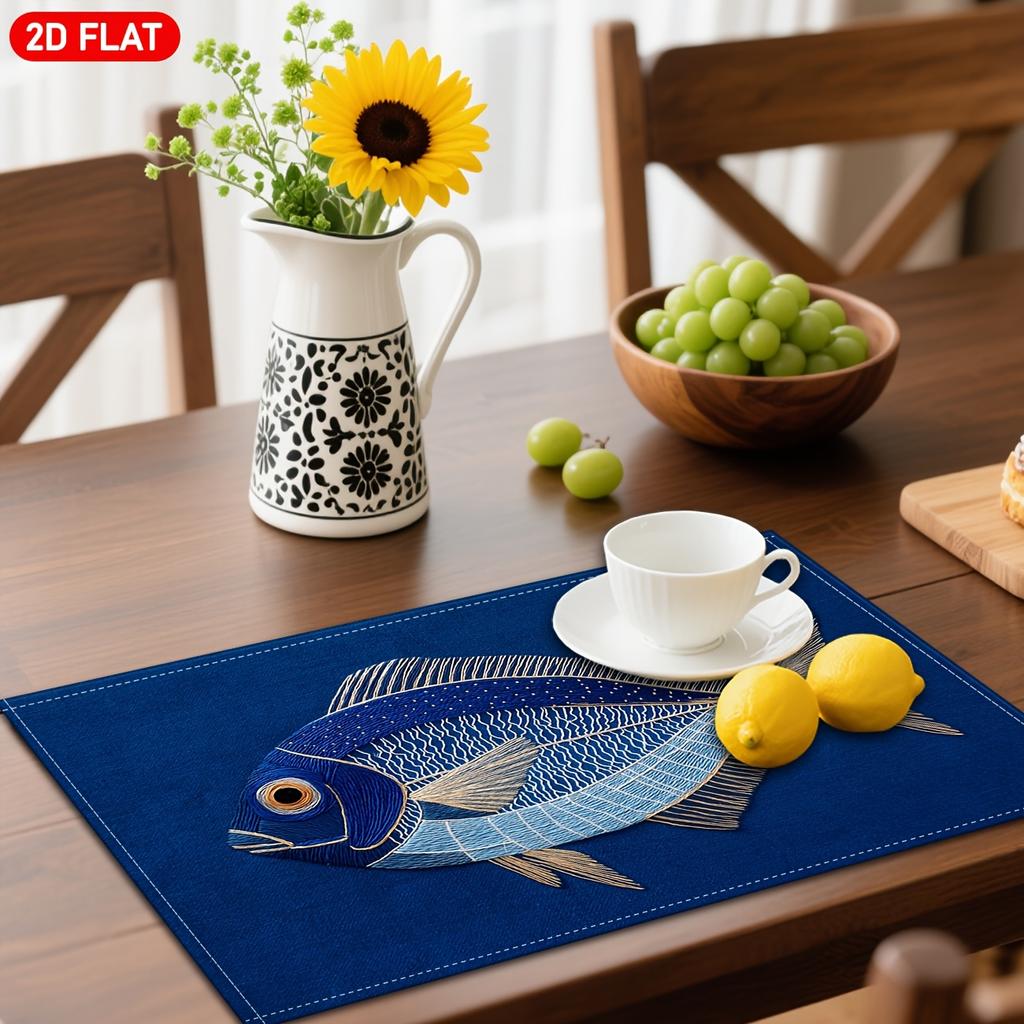 4/6, 2D Flat Fish Pattern Embroidery Pattern Style Placemat, Blue Linen Table Mat, Modern Art, Suitable for Kitchen Dining Table Decoration, Holiday D