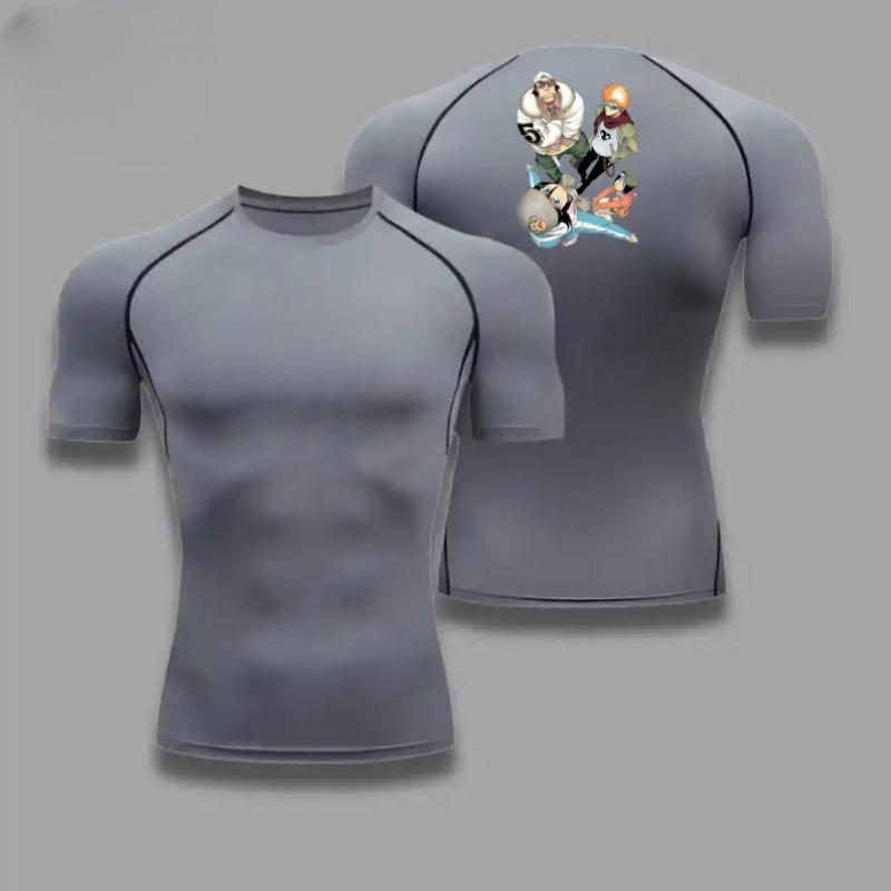 Summer Athletic Compression T-Shirt Breathable Quick-Dry High-Elasticity Short Sleeve Tee with Bold Bleach Graphic Gym Running