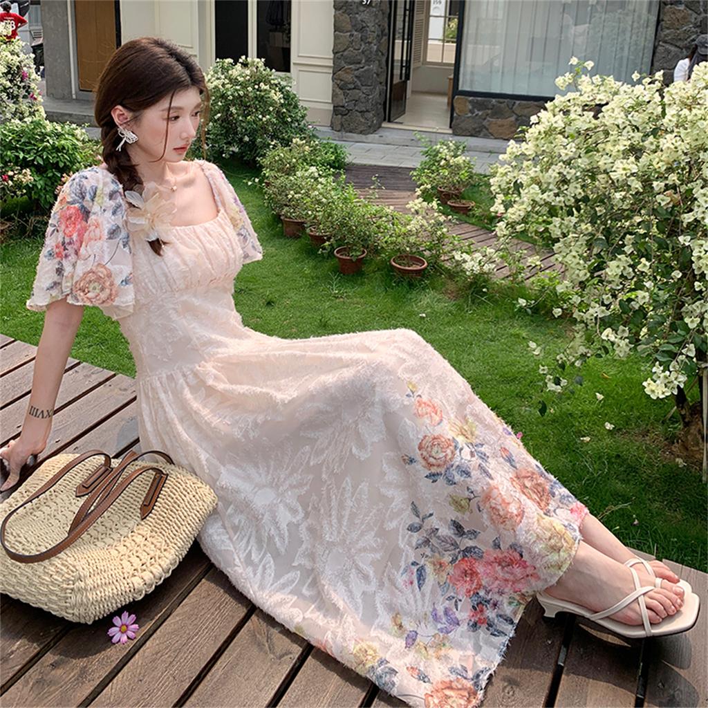 High Quality Chiffon Embroidered Print Square-Necked Summer Dress for Women Fashion Vacation Flying Sleeve Slimming Midi Dress
