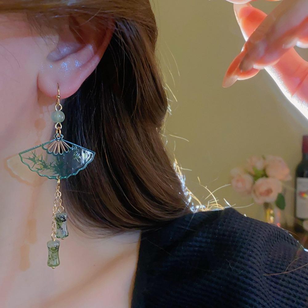 Tassel Chinese Style Earrings Leaf Exaggerated Long Earrings Fan Shaped Drop Earrings  Girls Gift
