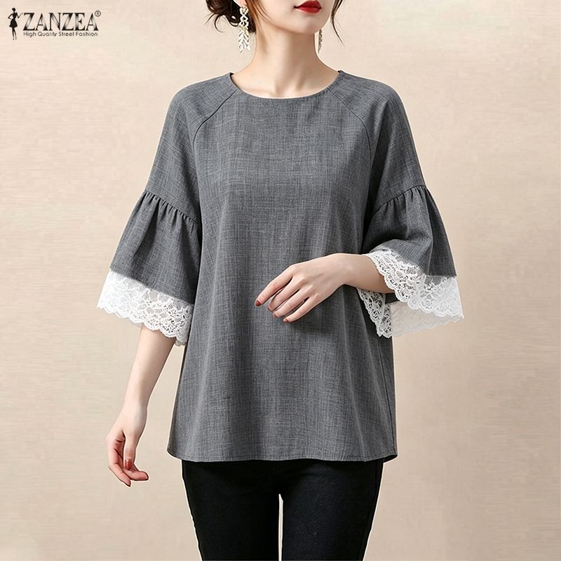 ZANZEA Blusa Feminina Casual de Renda com Gola Redonda e Meia Manga