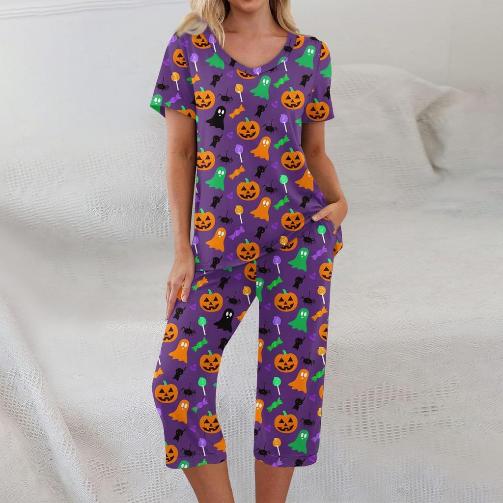 Dvoudílné soupravy pro ženy Krátký rukáv Top a Kalhoty s kapsami Cvičení Měkké Halloweenský potisk Soupravy