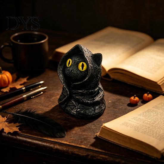 Fantasy Creature Figurine Mysterious Hooded Black Cat Resin Figurine, Gothic Wizard Statue with Big Eyes, Witch Themed Decoration Mini Desktop