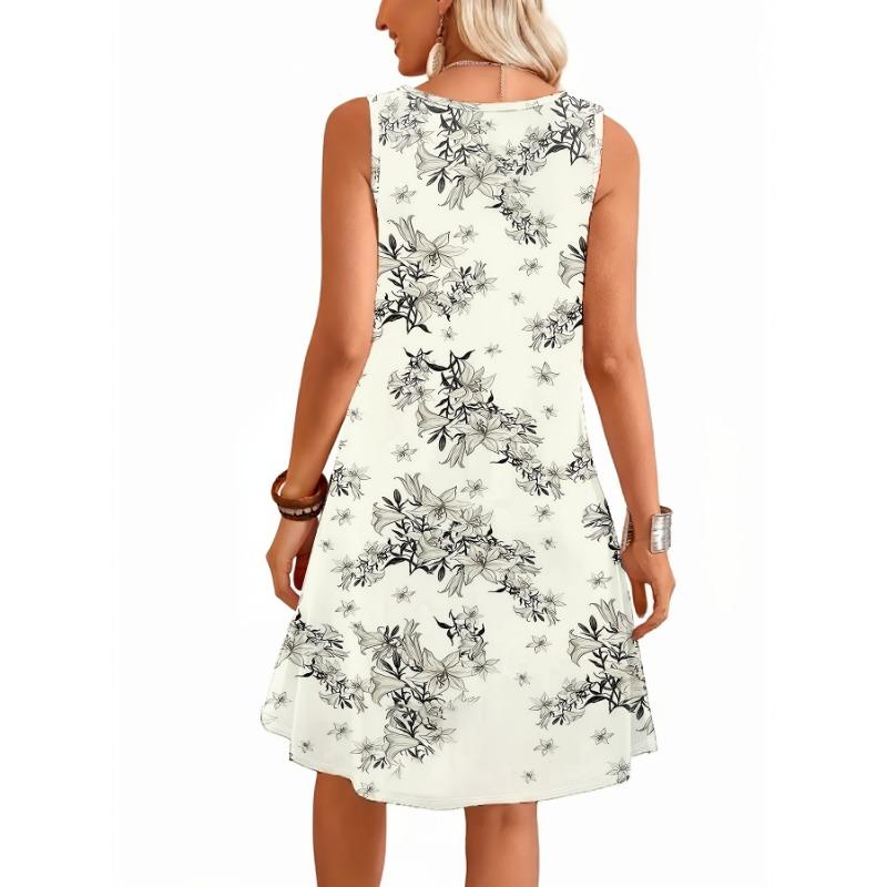 Women's Round Neck Sleeveless Printed Dress, Fabric, Ink Wash Painting Floral Pattern Print