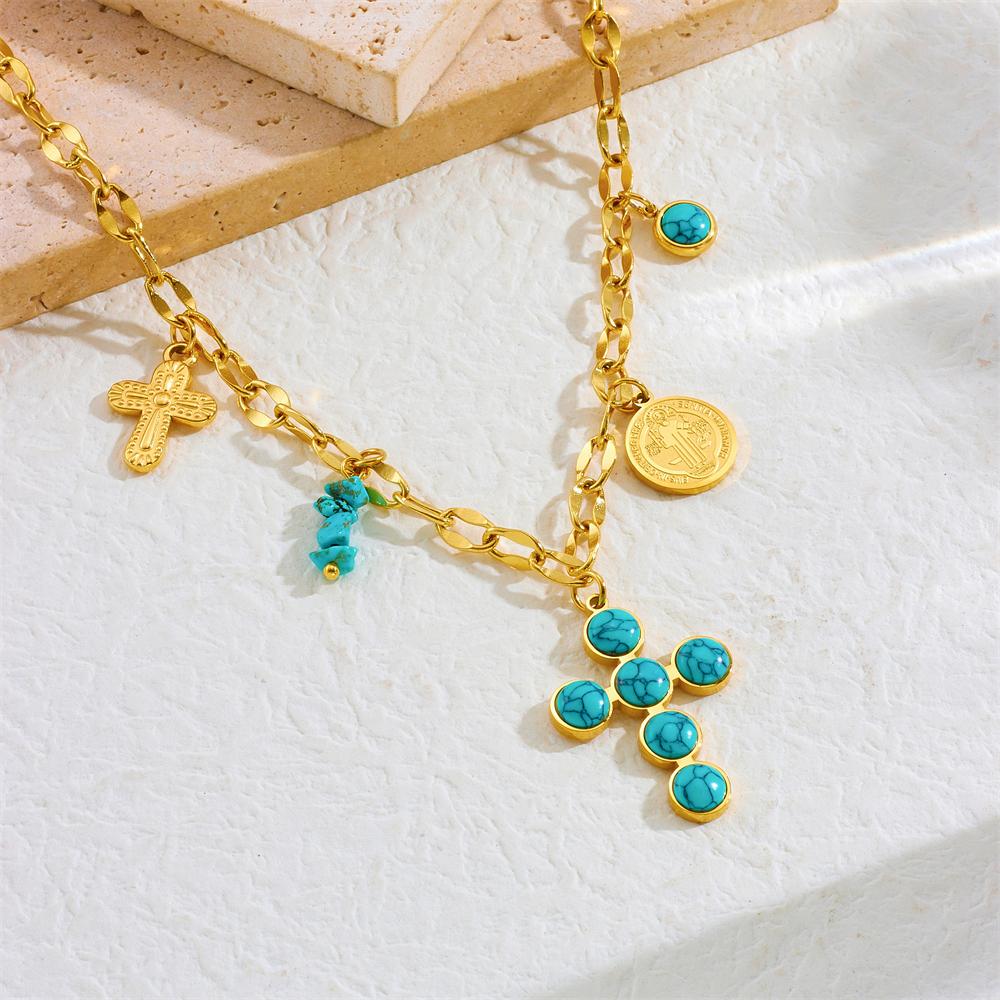 316 Stainless Steel Turquoise Cross Pendant Necklace For Women Girl Vintage Fashion New Trendy Jewelry Accessory Gift Party