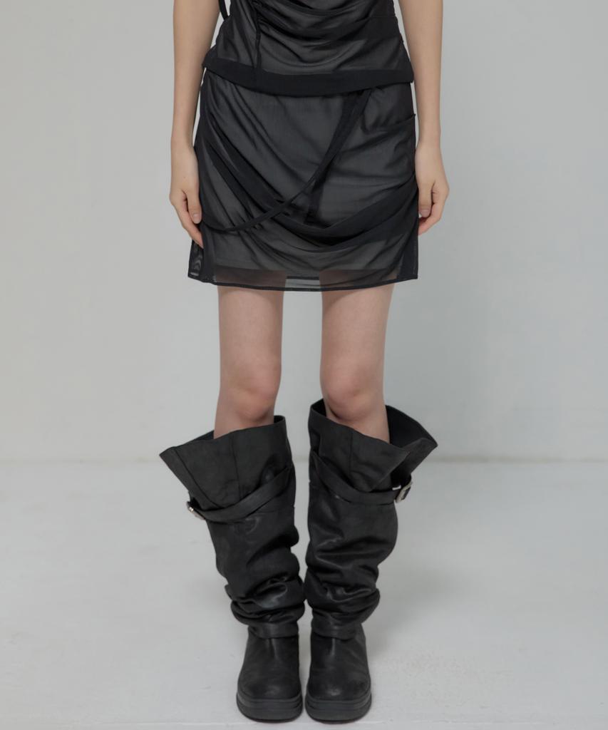 Peulleeoeob Draped Mesh Layered Mini Skirt (Fl-265_Black)