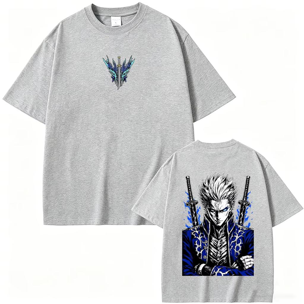 2026 Sommer Spiel Devil May Cry Vergil Doppelseitiger Druck Grafik T-Shirt Y2K Herren Damen Gothic Rundes T-Shirt Retro Vintage Grafik Übergroßes T-Shirt