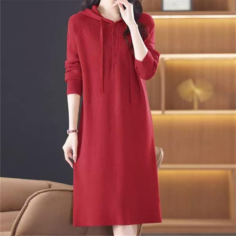 Hooded Autumn and Winter Knitted Dress New Casual Long Loose Women's Sweater Skirt Outer Wear