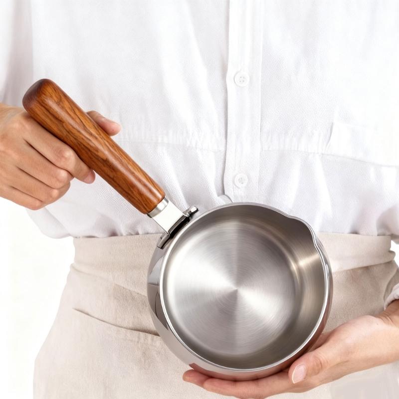 Stainless Steel Saucepan Small Cooking Pot Cookware with Ergonomic Wood Handle Efficient Milk Pan Kitchen Accessories