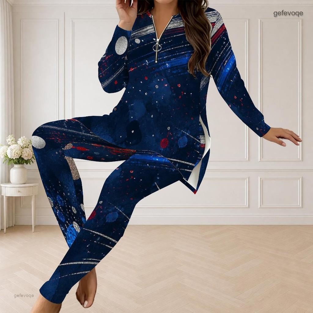 Damen Übergröße Halbzip Langarm Bedrucktes Langes Oberteil Und Enganliegende Hose Zweiteiliges Set