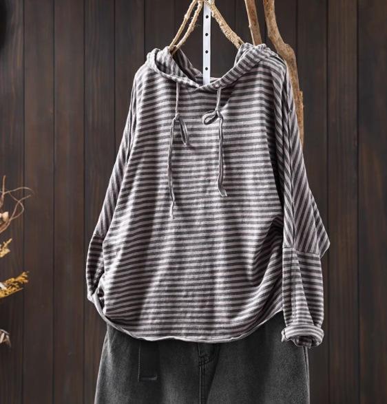 Damen Langarm Kapuzen-T-Shirts Frühling Schlichter Stil Vintage Gestreift Locker Weiblich Lässige Baumwoll-Tees