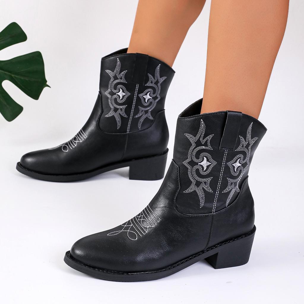 New Women Vintage Chunky Heels Western Cowboy Boots Block Heels Leather Ankle Boots Woman Autumn Winter Embroidered Knight Boots