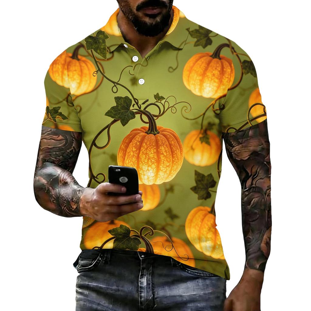 Unisex Loose Fit Casual Short Sleeve Polo Shirt with Halloween Themed Print Pullover Design for Everyday Wear