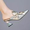 Spring Chinese-style Rhinestone Soft Leather Bow Slippers, Thick Heel Fashion Wear Versatile Semi-drag Sandals