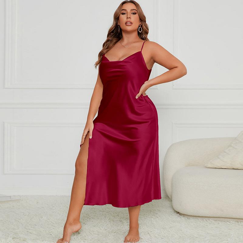 Плюс Размер Женская Сексуальная Спинка Разрез Длинная Комбинация Ночная Рубашка XL бордовый