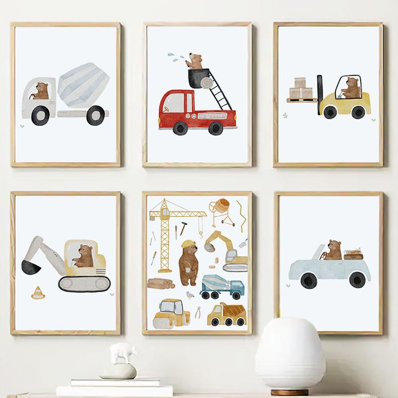 Nursery Wall Art Children's Prints Cartoon Bear Forklift Excavator Car Mud Truck Poster For Kids Room Baby Decor Canvas Painting