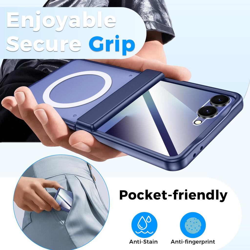 Magnetic Matte Protective Case with Tempered Glass Screen Protector and Hinge Protection for Samsung Galaxy Z Flip 7-Blue