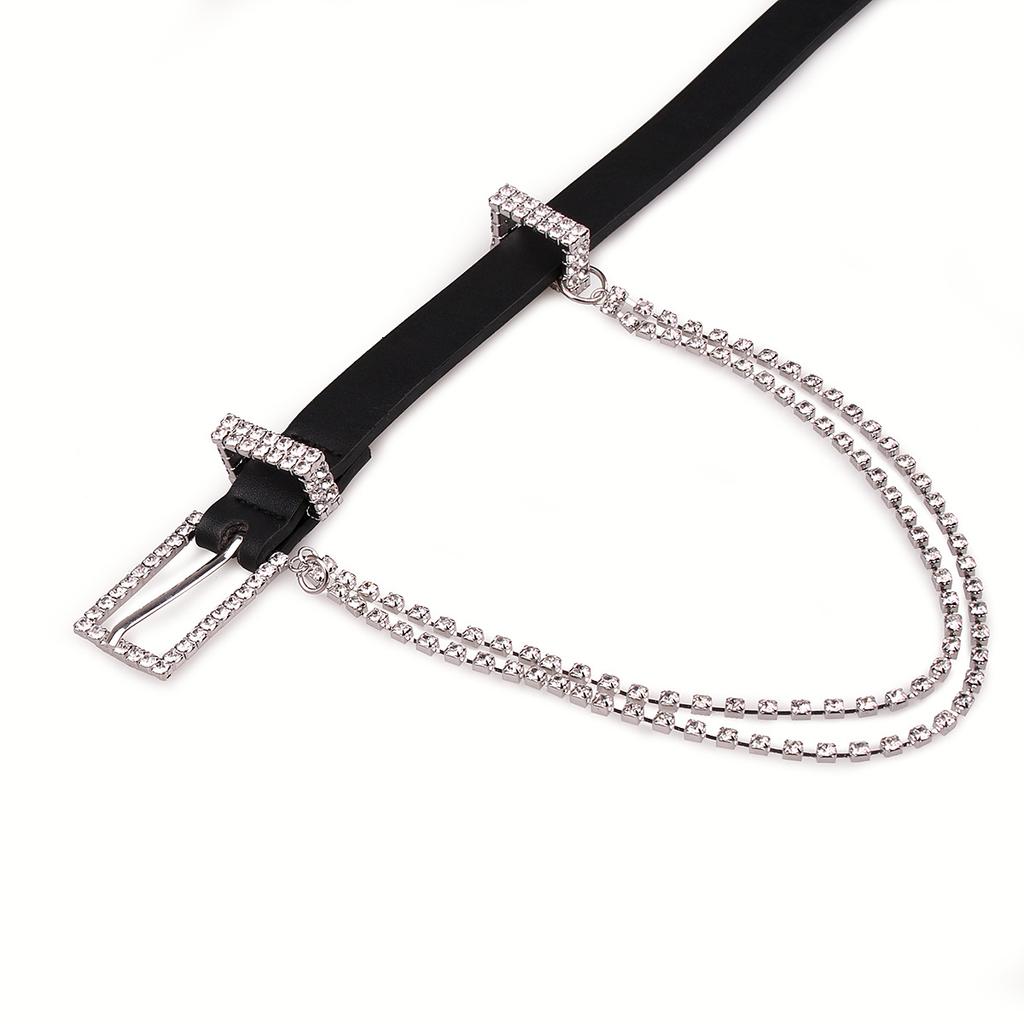 The New Lady's Rhinestone Inlaid Fashionable Chain Black Thin Waist Belt Is Versatile and Elegant, with A Pin Buckle Belt for Women