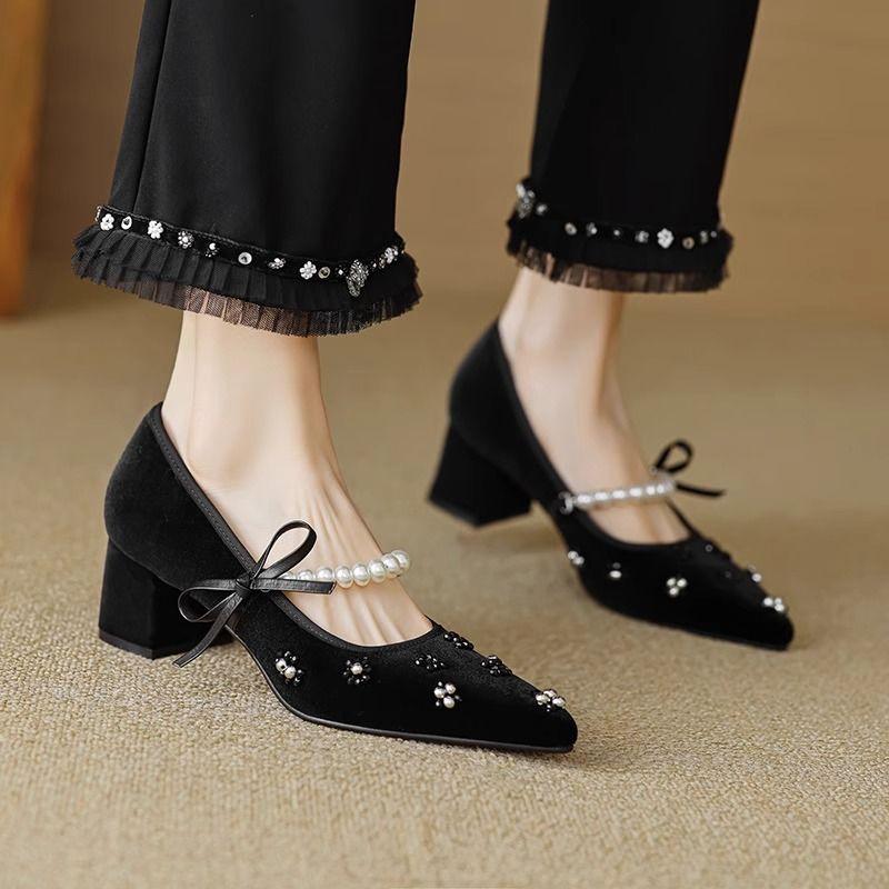

Pointed Toe With Medium Heels Women s Mary Jane Shoes Bow Pearl Ladies Pumps Comfortable and Elegant High Quality Y2k Footwear 40