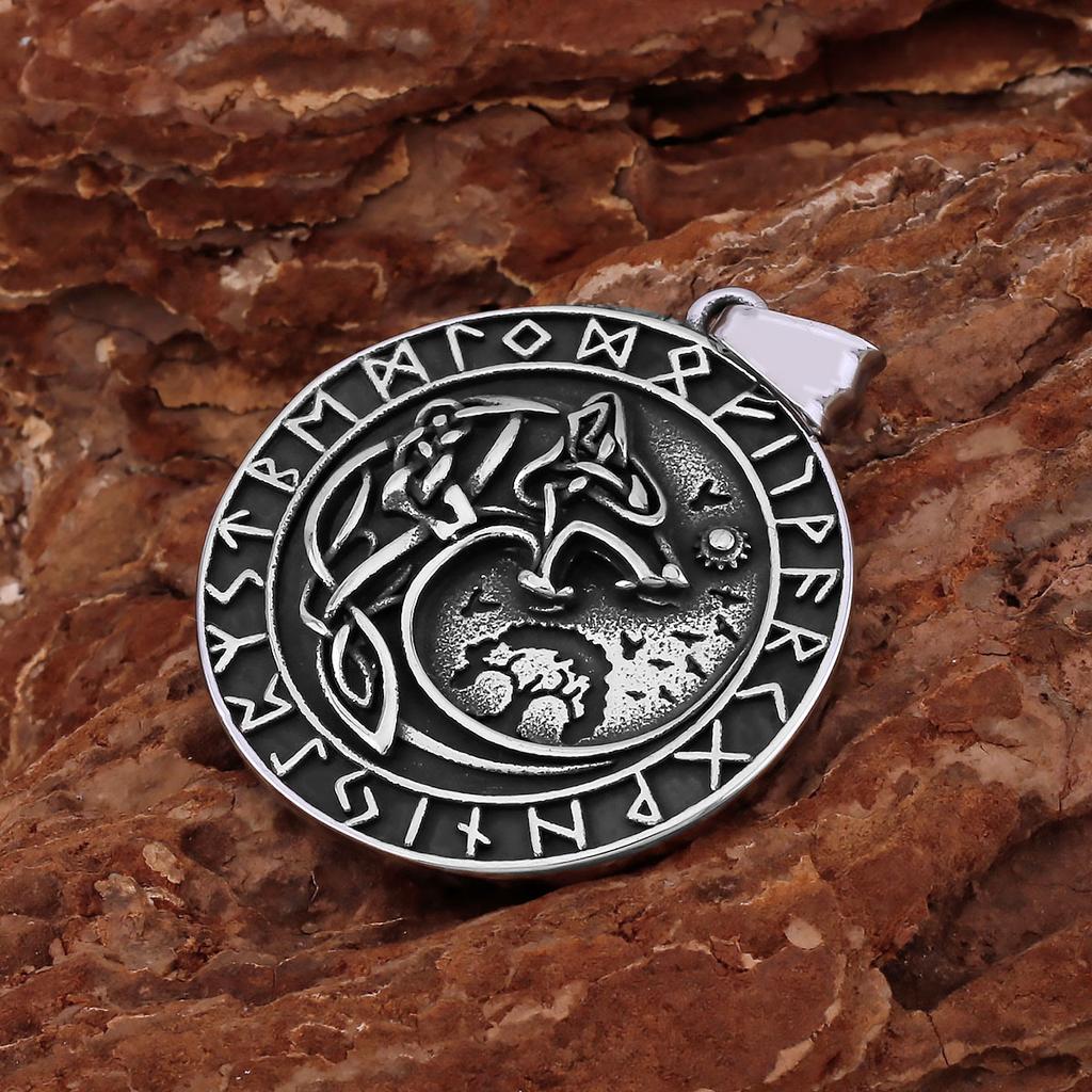 Stainless Steel Nordic Mythology Wolf Necklace Viking Vintage Rune Amulet for Men Women Pendant Jewelry Gift