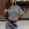 Women’s Crewneck Pullover Short Sleeve T-Shirt with Striped Print Loose Fit Casual Basic Top for Daily Wear