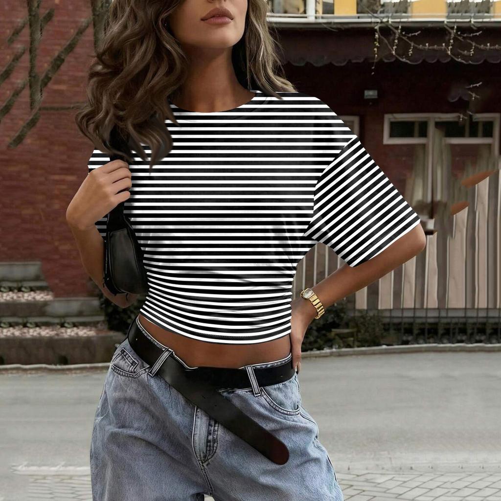 Women’s Crewneck Pullover Short Sleeve T-Shirt with Striped Print Loose Fit Casual Basic Top for Daily Wear