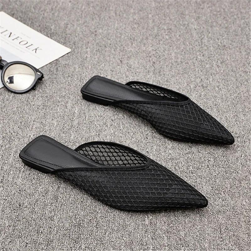 Fashion Women's Pointed Toe Slippers 2024 Summer Designer Mesh Beach Flat Shoes Slides Outside Mules Gladiator Sandals Zapatos De Mujer