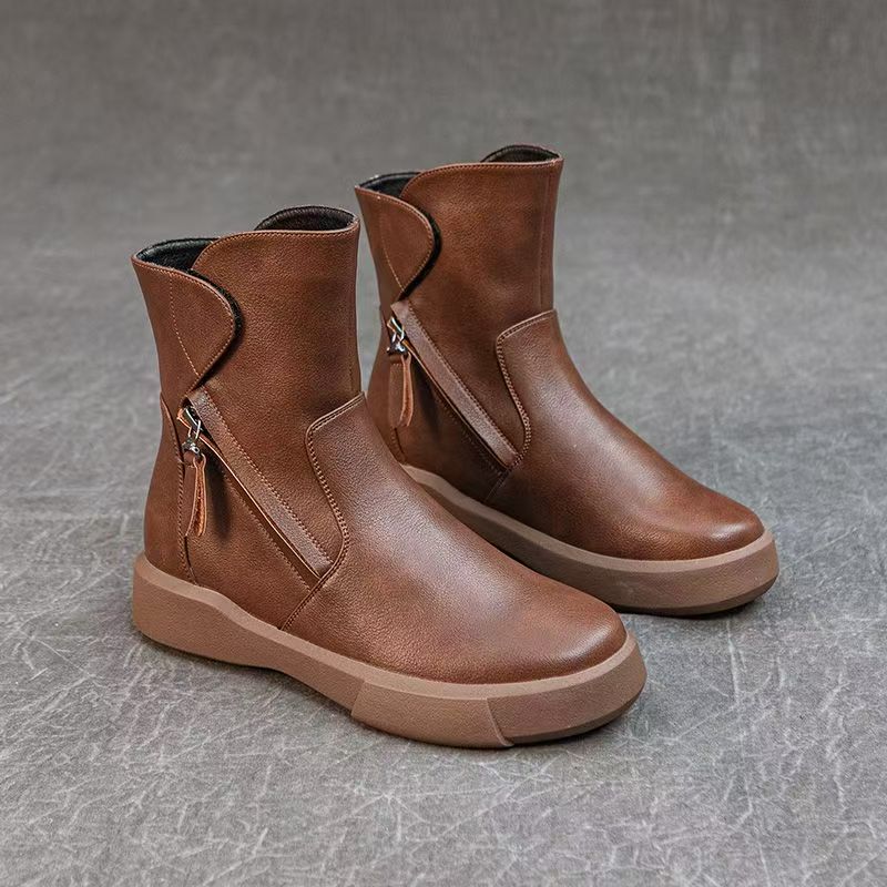 Women Real Leather Flat Sole Ankle Boots Autumn Winter New Soft Sole Non Slip Plush Keep Warm High Top Zippers Cotton Boots