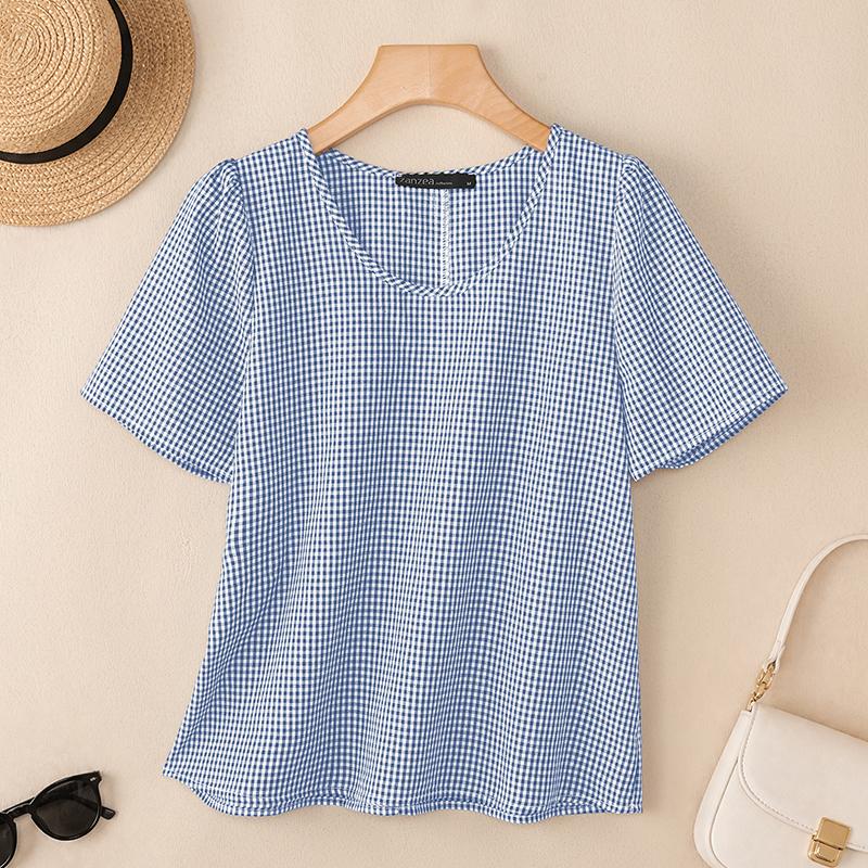 ZANZEA Blusa da Donna Casual Girocollo Stampa a Quadri Manica Corta Larga